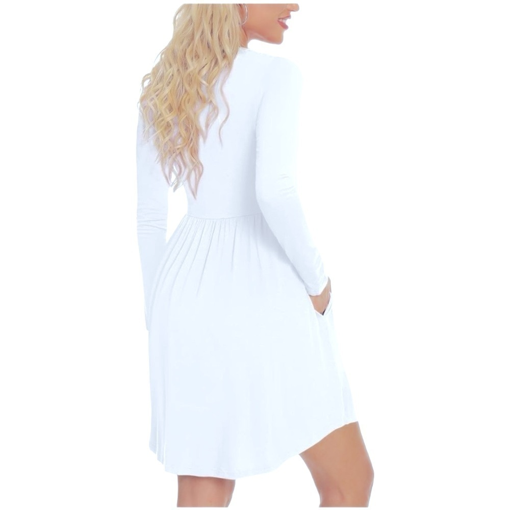 LONGYUAN Knee High White Long Sleeve Dress with pockets - Picture 4 of 14